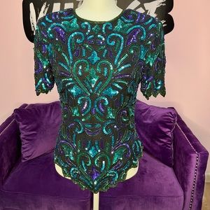 Vintage Sequin Top 100% silk Lawrence Kazar teal turquoise purple size Small